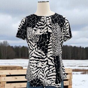 Calvin Klein Womens Black White Pink Abstract Print Short Sleeve Blouse SZ M‎